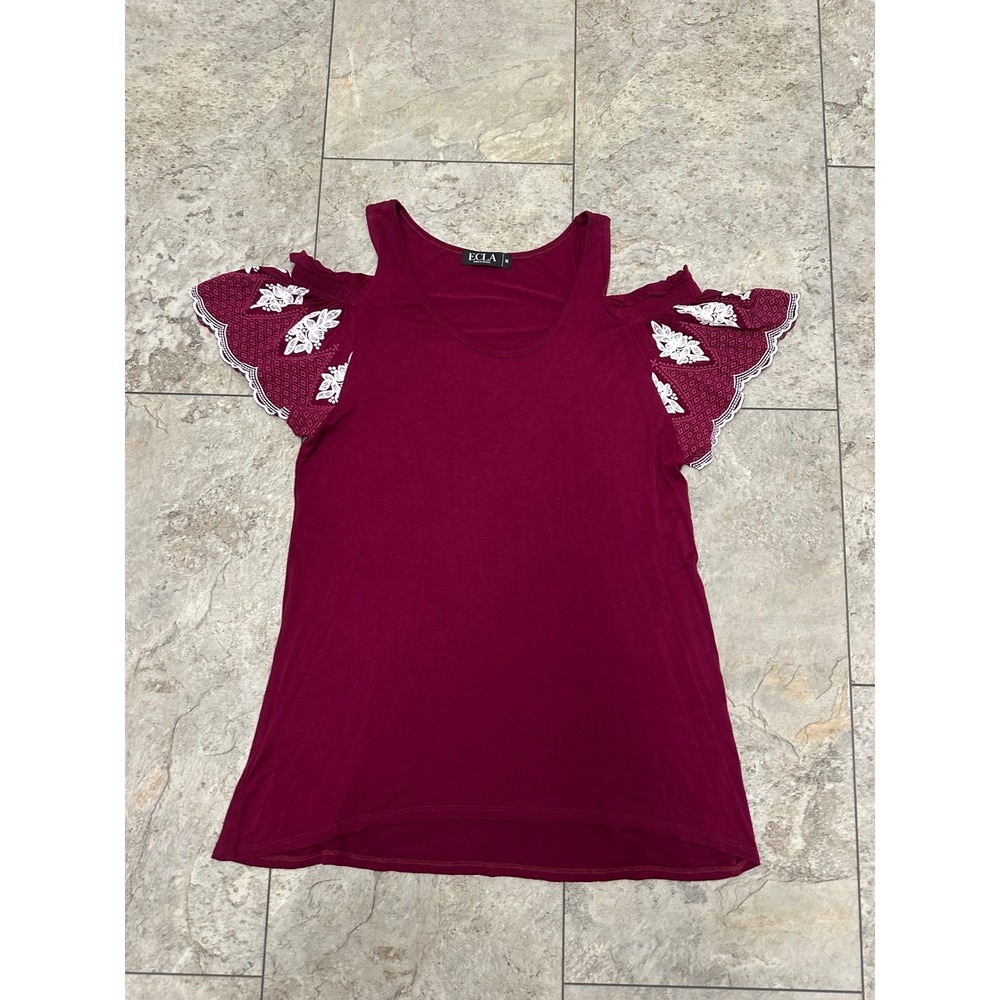 ECLA Maroon Cold Shoulder Top Embroidered Eyelet Flutter Sleeve GM2336 Medium